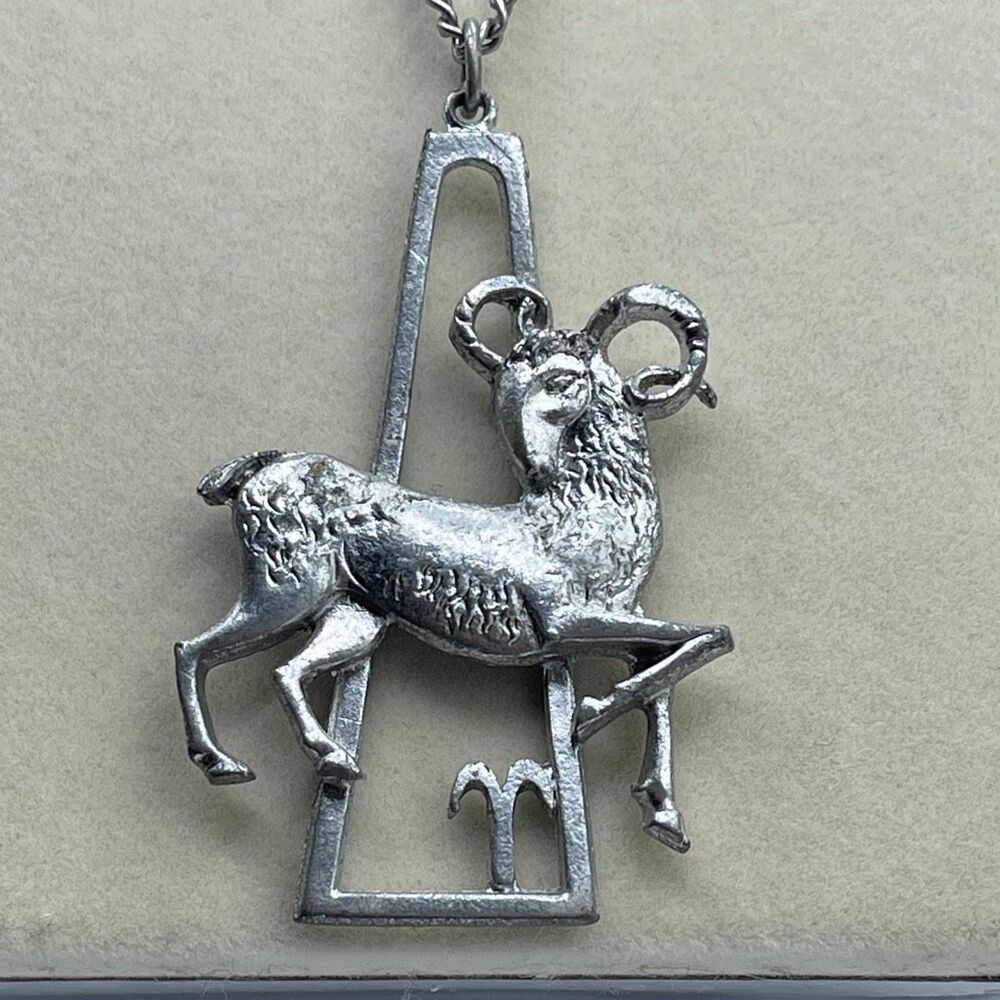 Vintage Pewter Aries pendant necklace 26” necklace.